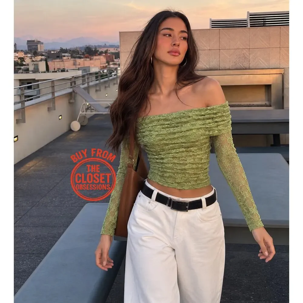 Zara NWT Pistachio Green Off Shoulder Lace Mesh Top M